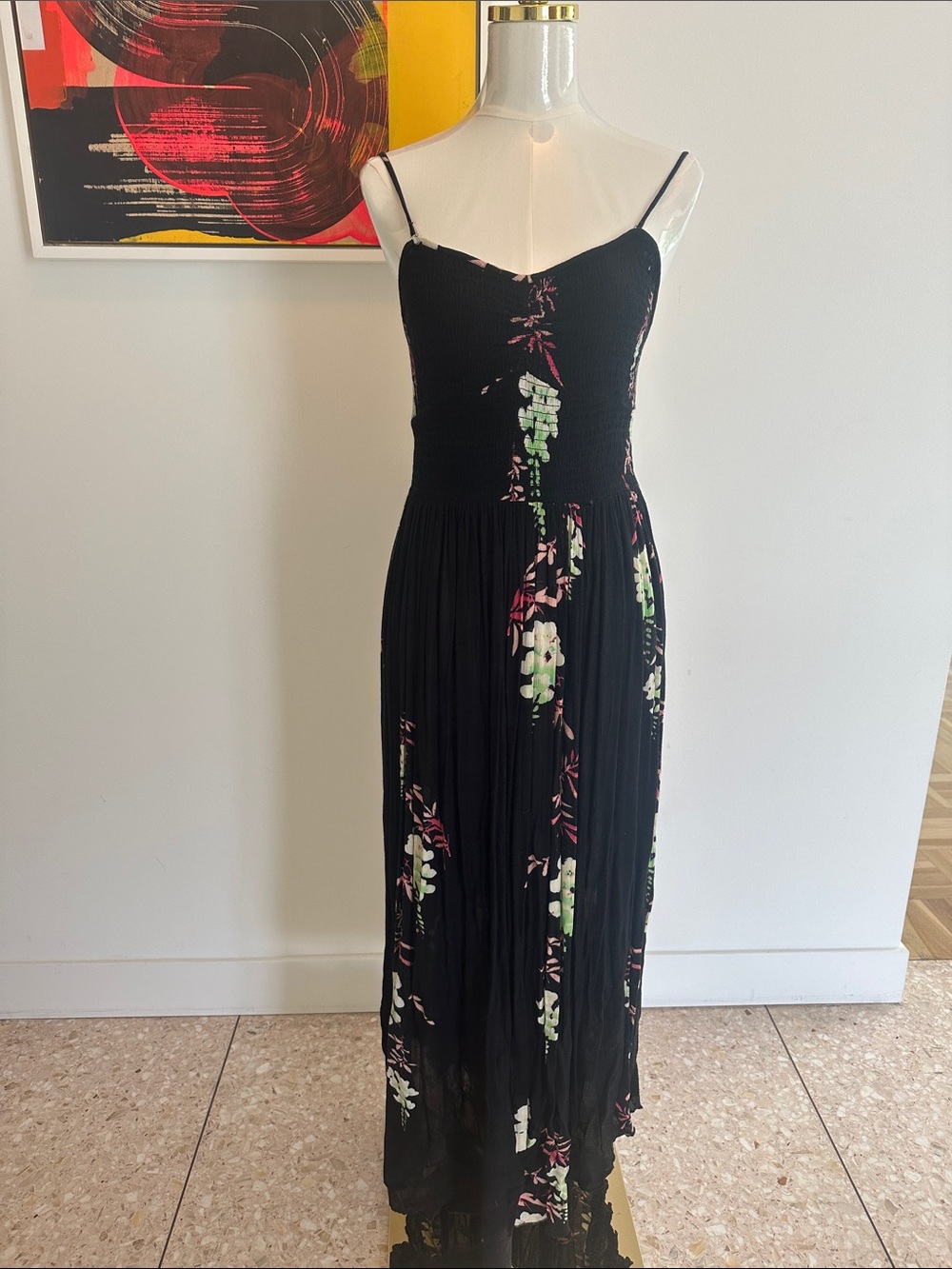 Free People Black Floral Smocked Maxi Dress with Spaghetti Straps - Picture 6 of 11